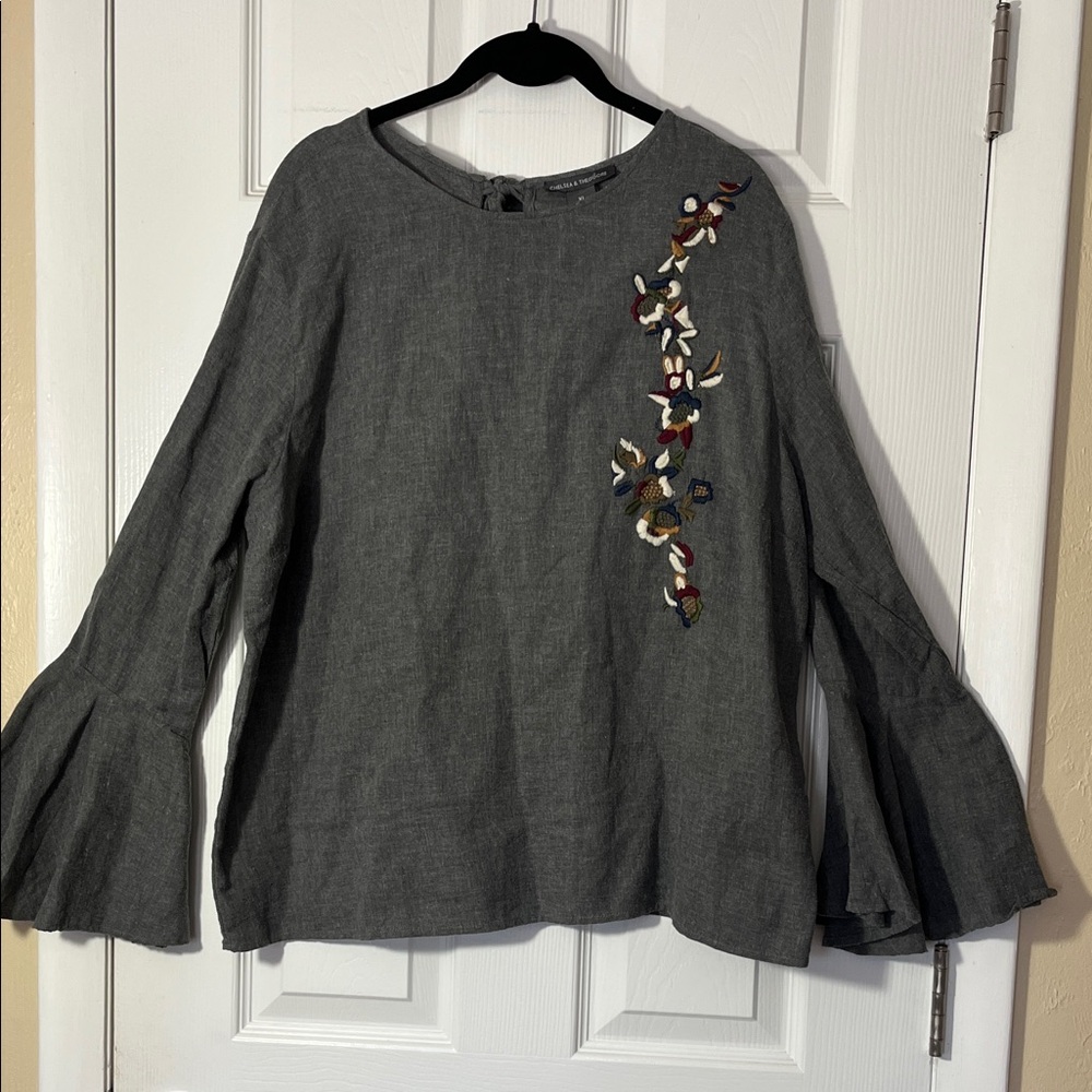 Chelsea & Theodore gray boho embroidered top flair sleeve knit blend bow tie XL